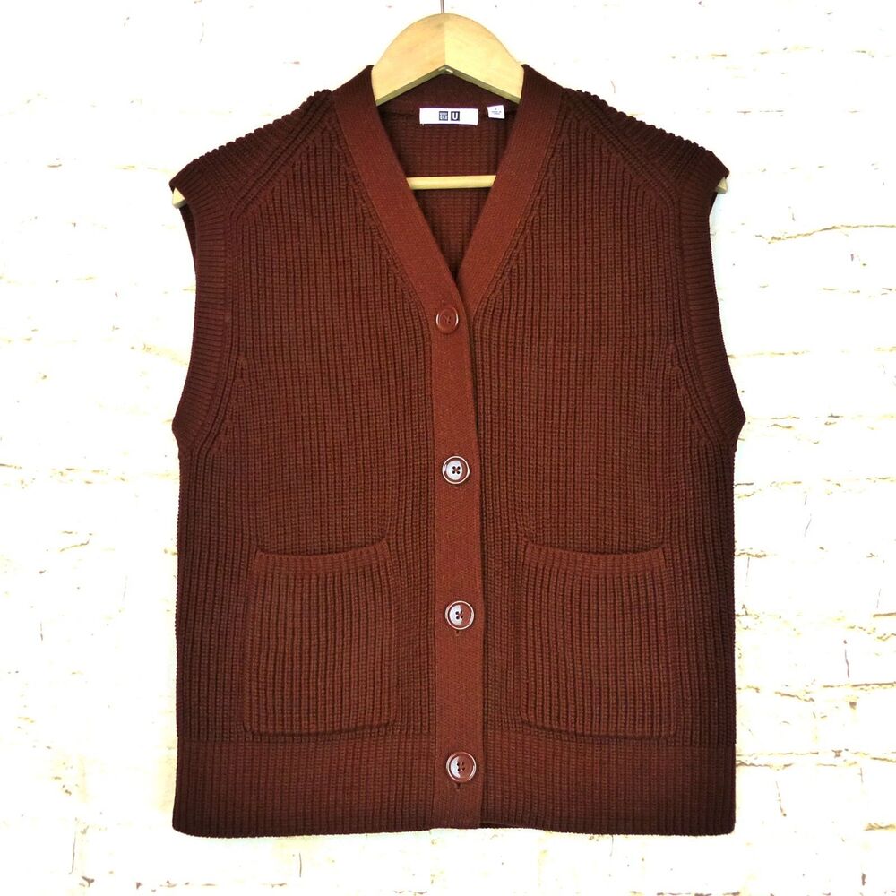 Uniqlo U Ribbed Sleeveless Cardigan Women S Brown V-neck Knit Button Pockets